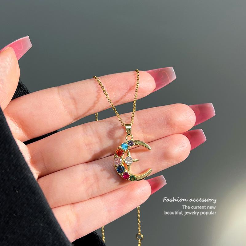 Moon and Stars Cubic Zirconia Titanium Necklace - European & American Style Women's Fashion Clavicle Chain