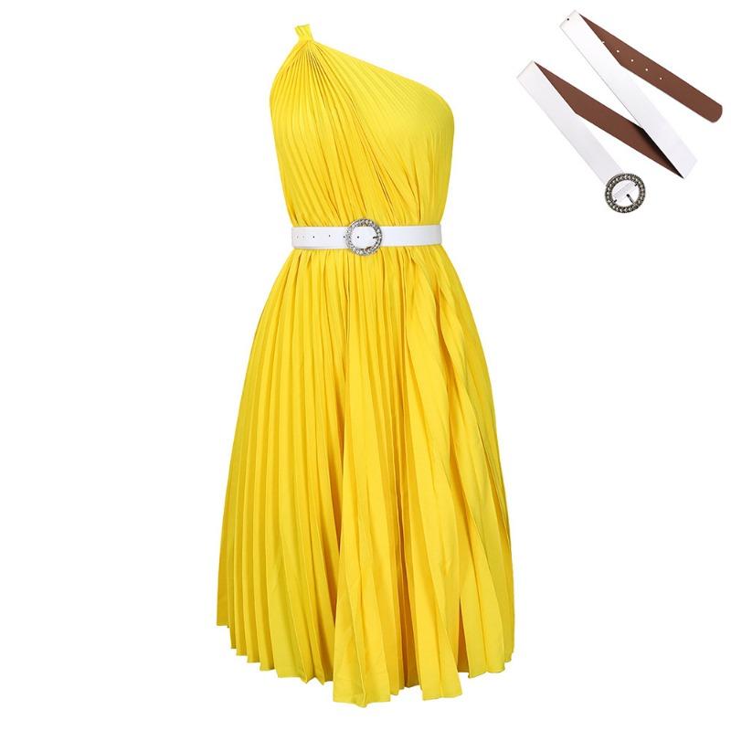 

With belt women s clothing new fashion temperament slanted shoulder solid color pleated large skirt S