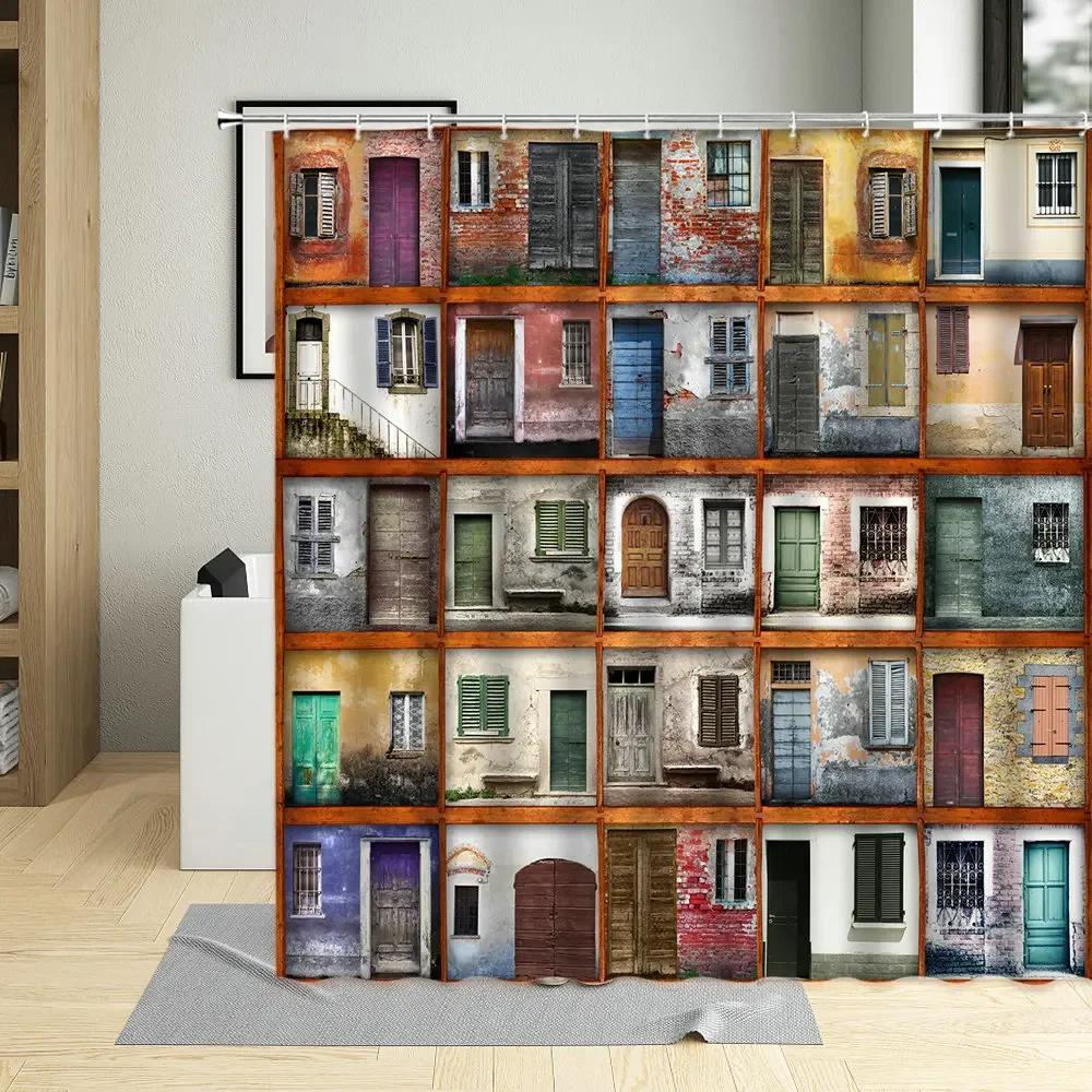 Vintage Wooden Door Shower Curtains Retro Wood Board Grain Printing Decor Screens Waterproof Fabric Bathroom Curtains With Hooks