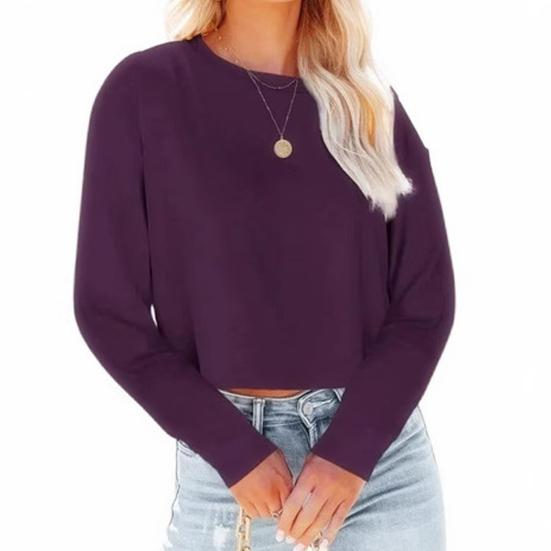 Women Tops Round Neck Long Sleeve Loose Fit Cropped Tops Solid Color Leisure Pullover Tops Daily Wear