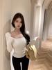 New Style Sexy Hottie Big Halter Strap Chest Pad Long-sleeved Slim T-shirt for Women U-neck Tight Bottoming Shirt for Women