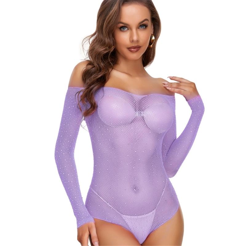 Womens Babydoll Lingerie Sheer Fishnet Mesh Long Sleeve Bodysuit Sparkling Rhinestones Jumpsuit Leotard Top Nightwear