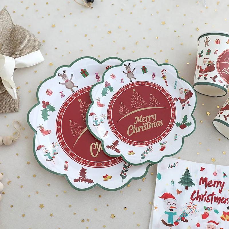JUSTINLAU Christmas Cutlery Disposable Tableware Set Paper Plates Paper Cups Tissues Tablecloth Dining Plates Christmas Themed