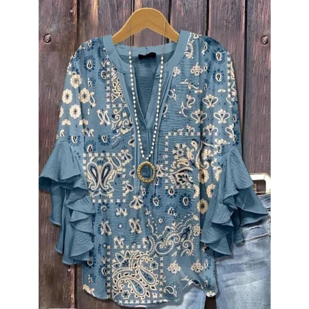Large Women's Bohemian V-neck Shirt with Ruffle Sleeves, Grey Brown Floral Print Top, Casual Breathable Machine Washable Pullover