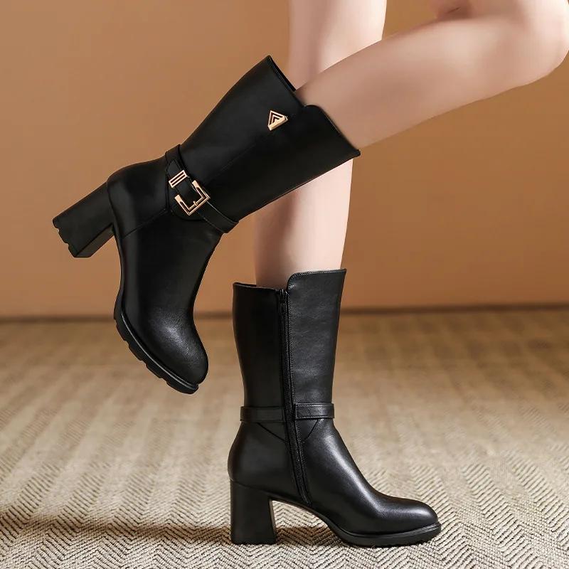 7cm Fashion Block High Heels Shoes Women Boots Fall Winter 2025 Mid Leg Soft Leather Warm Fur Motorcycle Boots for Office Mom
