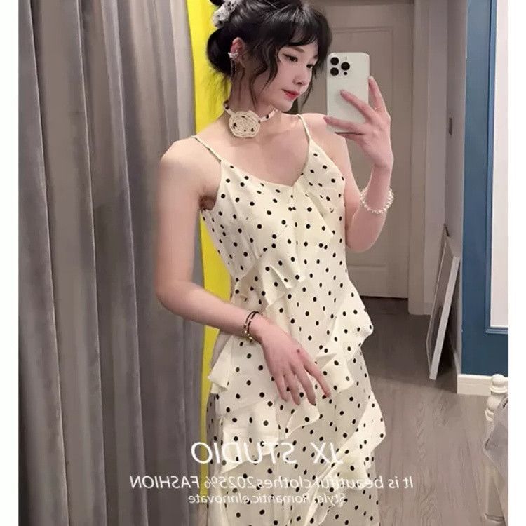 New French sexy temperament ruffle leaf edge splicing polka dot suspender dress women's summer pure desire spice girl long dress tide