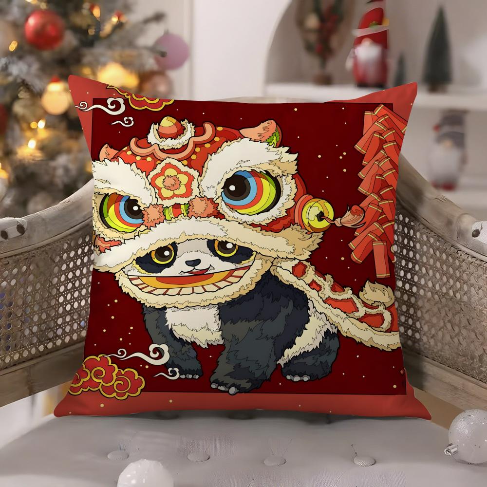 Chinatown Festive Lion Print Pattern Pillow Case Comfort Sofa Bed Silky Elegant Invisible Zipper Decorative Cushion Cover