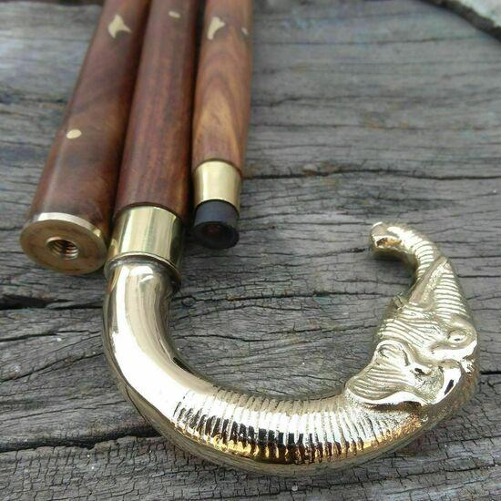 Vintage Brass Handle Victorian Wooden Walking Stick Designer Brown Wood Cane