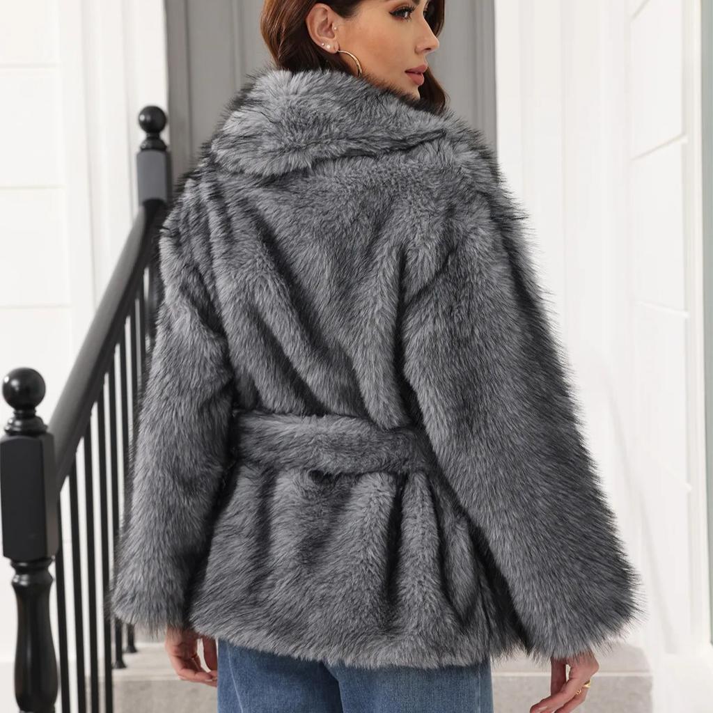Long Faux Fur Coat Women Autumn Winter Large Jacket Overcoat Turn Down Collar Pockets Luxury Thick Coat Warm Jackets Maxi Coats
