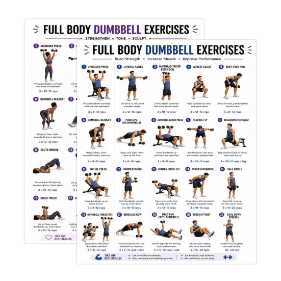 Decorazione Palestra in Casa 2 Pezzi Poster Grafico Allenamento Manubri, Arte Murale Routine di Allenamento Esercizi Full Body, Guida Fitness Forza per Arte