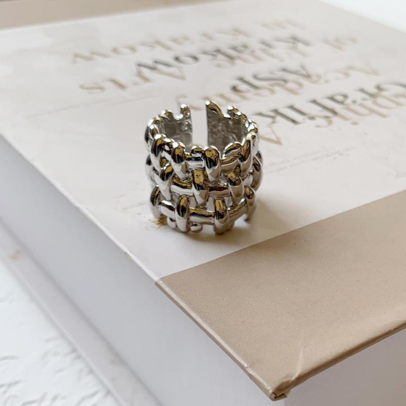 18K Gold Plated Woven Chain Ring, Stainless Steel Wide Band Statement Ring, Fashion Jewelry for Women
