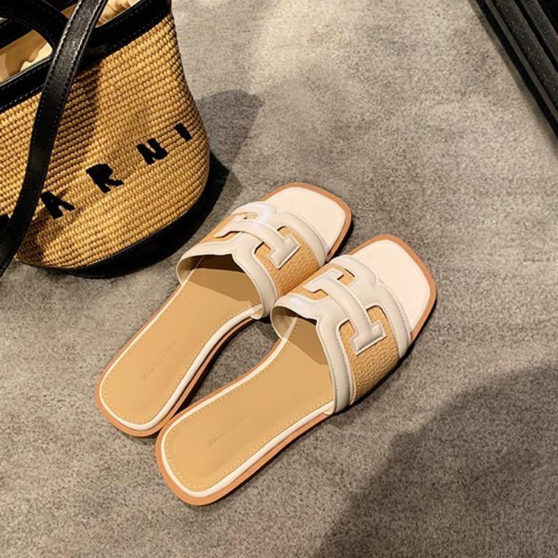 Sheepskin holiday style square head straw slippers women's summer outer wear splicing versatile contrasting color cool slippers