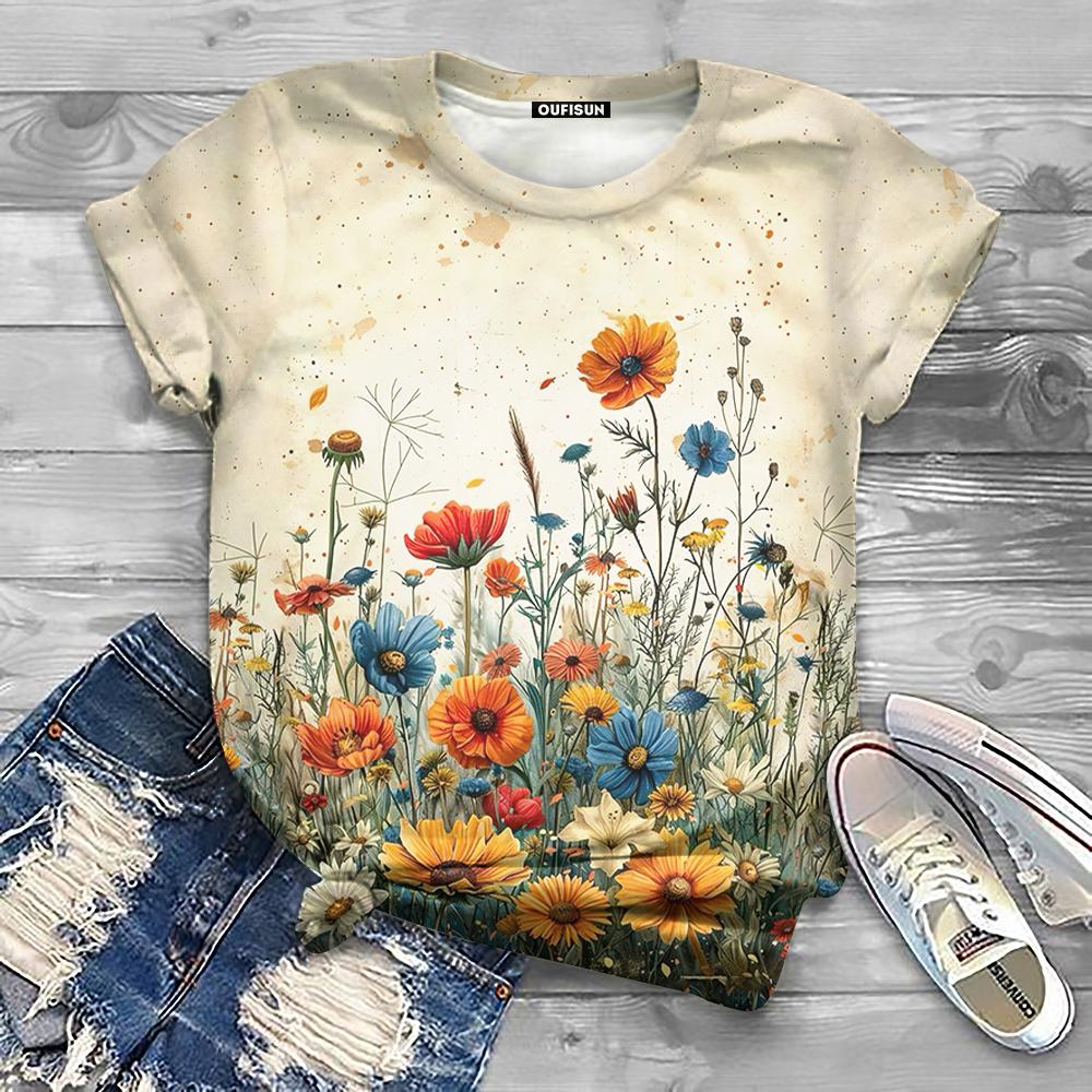 

Fashion Floral Pattern Print Women s T-Shirt Street O Neck Short Sleeve Pullover Famale Clothing Outdoor Casual Short Sleeve S