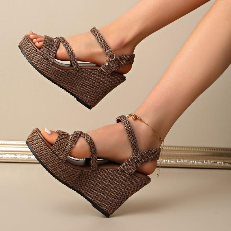Sandali Romani Estivi da Donna con Zeppa e Plateau a Incrocio, Calzature alla Moda con Suola Spessa, Disponibili in Taglie Grandi.