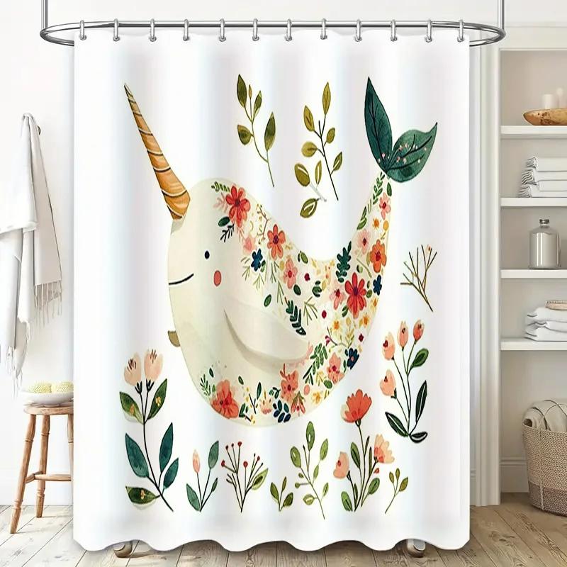 Creative Unicorn Shower Curtain with Fresh Floral Design for Bathroom Decor Waterproof Fabric Printed Linen Bath Mats Home Acces
