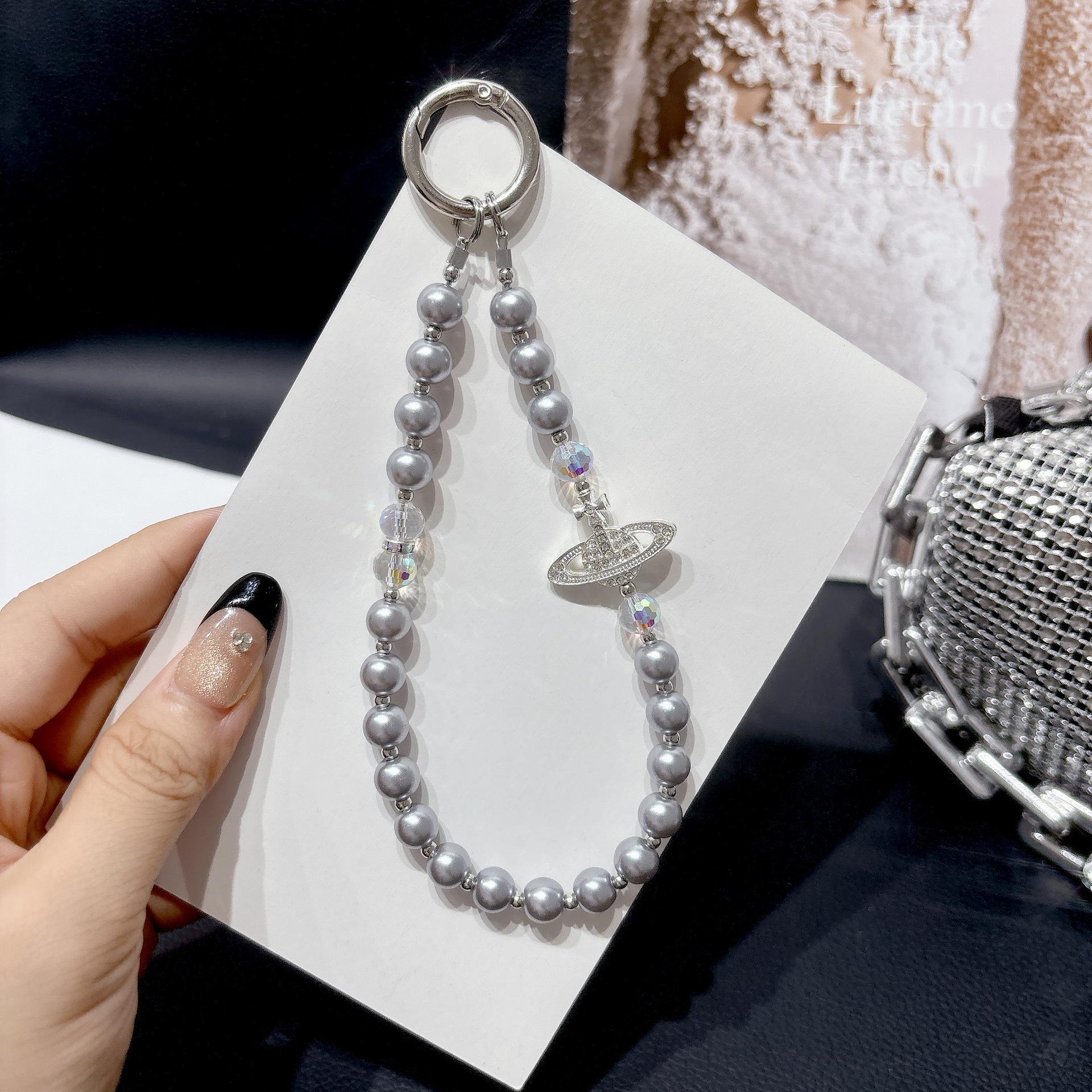 Global Pearl Crystal Beaded Phone Lanyard & Crossbody Case with Personalized Rhinestone Keychain