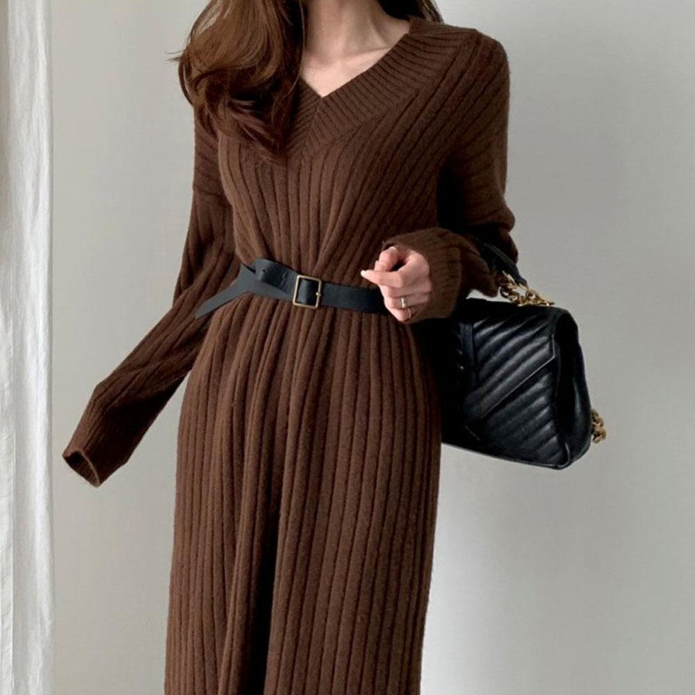 Korean Women's Winter Clothes Beige Knit Knitwear To Knee Long Dress Office Lady Pullovers Sweater Dresses For Women