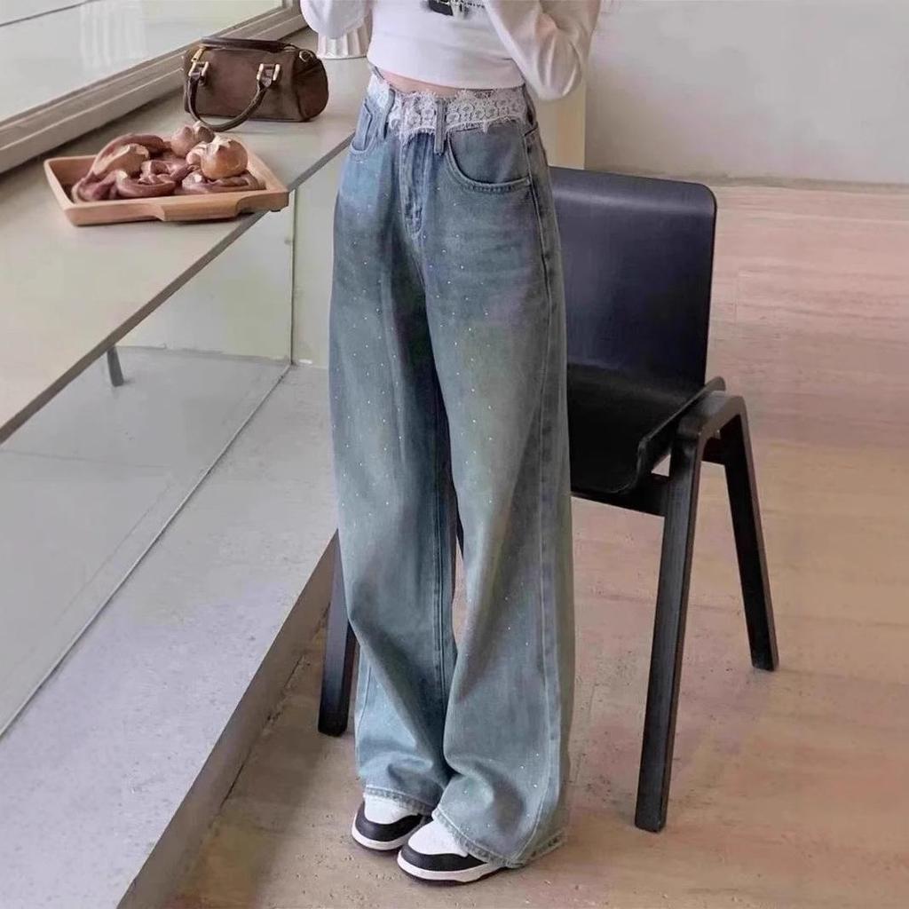 Women's High Waist Rhinestone Jeans - Wide Leg, Loose Fit, Floor Length, Summer Style