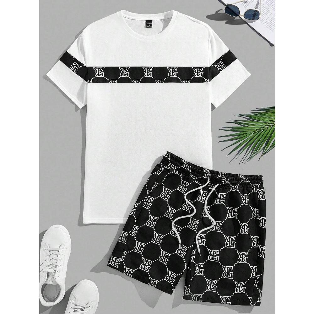 Round-neck Printed Retro Men's Suit, Two-piece Set Short-sleeved Shirt, Comfortable And Breathable Suit