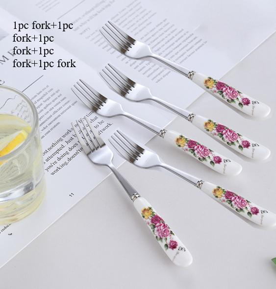 Floral ceramic handle fork rice spoon tableware stainless steel soup coffee ice spoon dessert household mixing spoon 5pcs