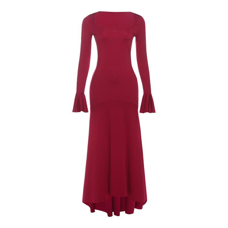 

New Women s Clothing Temperament Sexy U-neck Slim Slimming Solid Color Flared Sleeve Dress M красный