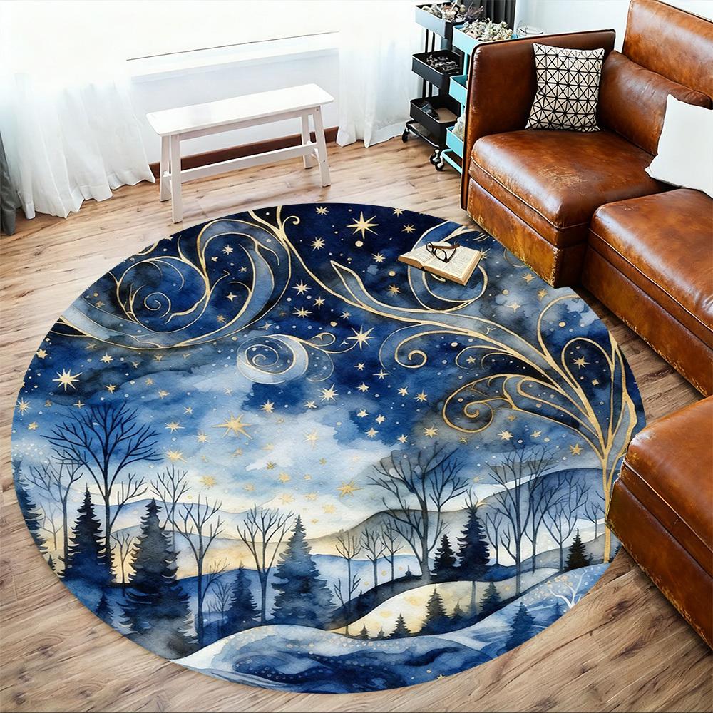 1pc Winter Landscape Stars Round Chair mat office Area Rug - Non-Slip, Floor Mat for Office, Bedroom, Ideal home decor gift p0105014