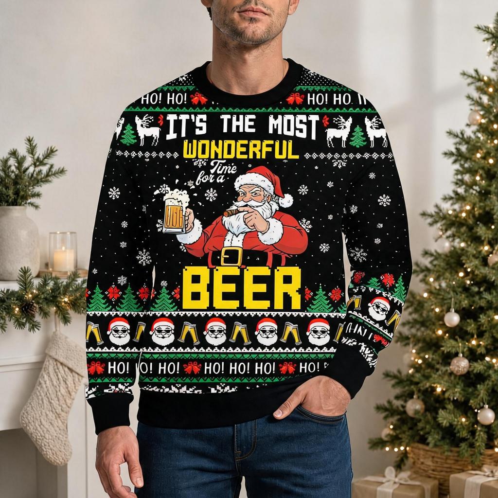 Men's Casual Pullover with Christmas Print Round Neck Long Sleeve Winter Top
