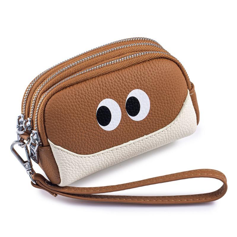 New first-layer cowhide change bag mini cute women's small wallet multi-functional leather three-zipper storage bag