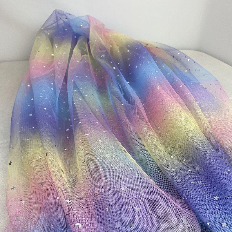 Gradient Rainbow Tulle Fabric Star Sequin By The Meter for Dress Hanfu Wedding Package DIY Sewing Cloth Soft Thin Draping Blue