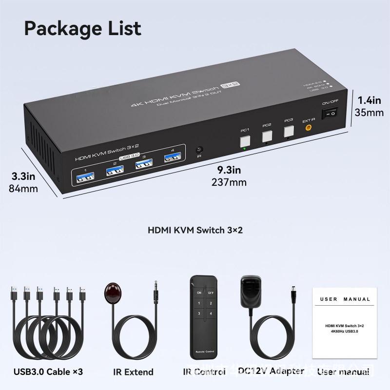 3-Way Dual-Channel HDMI 2.0 & USB 3.0 Input to 1-Way Dual-Channel HDMI & 4-Way USB 3.0 Hub Output.