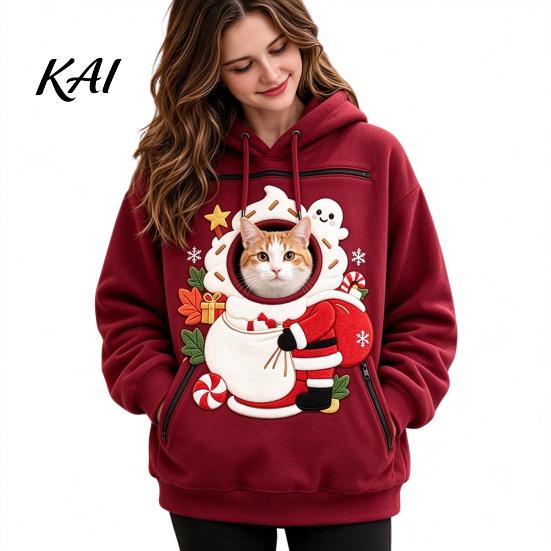 Cozy Fleece Pet Pocket Unisex Pouch Christmas Hoodie, Cute Dog Cat Carrier Hooded Sweatshirt with Small Holder Top Graphic, Lined Animal Pullover