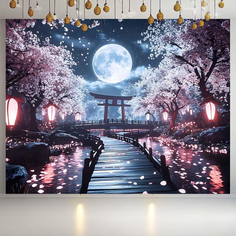 2D Magical Japanese Night Tapestry Cherry Blossom & Torii Gate Under Full Moon Wall Art