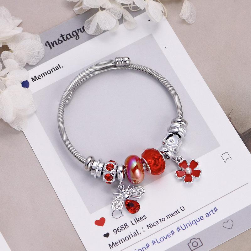 

Браслет с бусинами «Пчела и цветок» с хрустальным подвесом-ветряной мельницей, регулируемый браслет-бангл из нержавеющей стали для женщин, подарок красный
