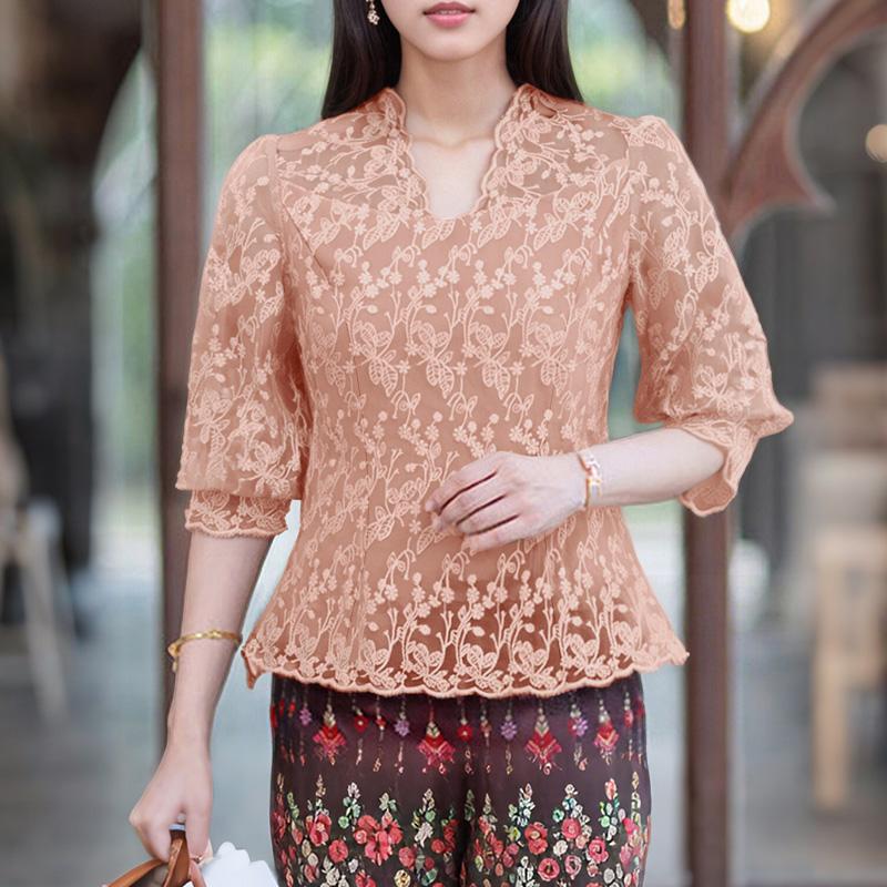 

ZANZEA Womens Casual See-Through Embroidery Lace Patchwork Half Sleeve Blouse S рожевий