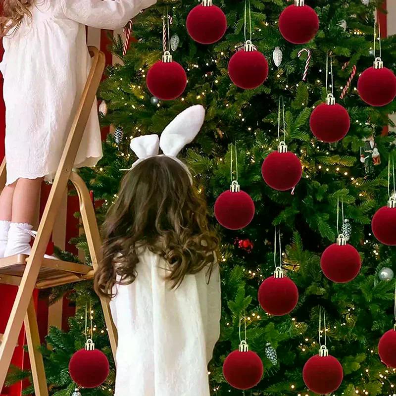 5/10 stuks Velours Kerstbal Ornamenten Rood Wit Kerstboom Hangende Hangers DIY Huisfeest Kerst Decoratie Nieuwjaars Cadeaus