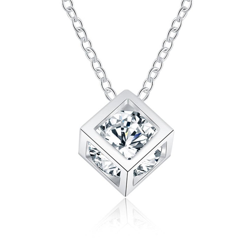 925 Sterling Silver Love Cube Square Pendant Necklace Wedding Fashion Jewelry