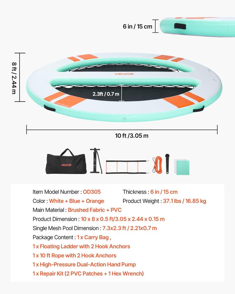 Aufblasbarer schwimmender Steg, 3,05 x 2,44 m runde aufblasbare Stegplattform, rutschfeste Wasser-Luftmatte mit tragbarer Tasche und abnehmbarer Leiter, Schwimmkörper