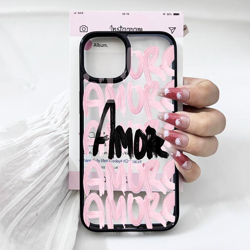 Amore-Love Italian Romantic Pink Lettering Phone Case for IPhone 16 12 13 Mini 11 17 14 15 Pro Max XR 7 8 Plus Shockproof Cover