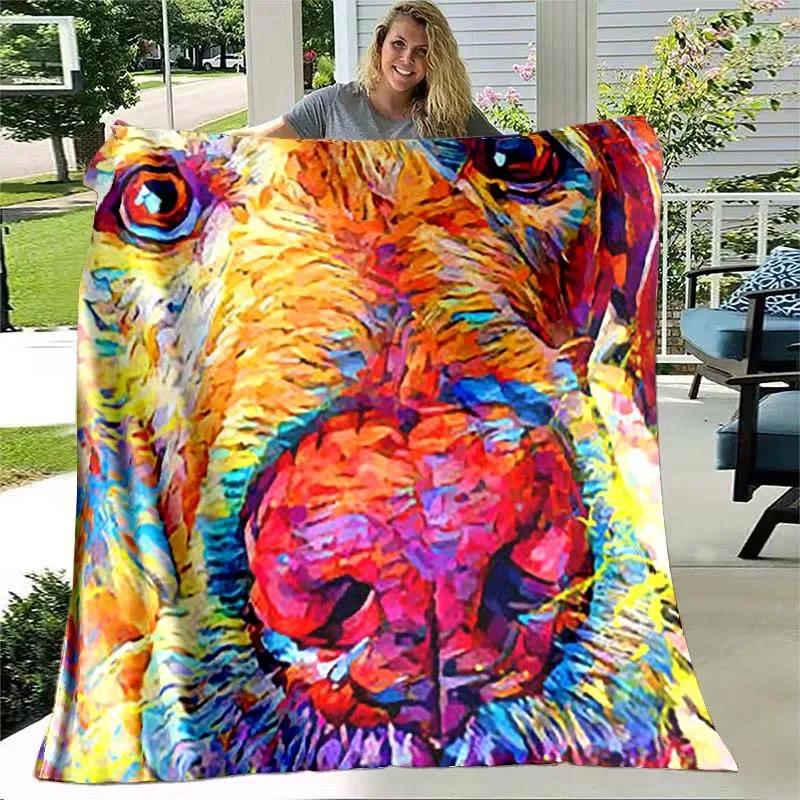 Cute Dog Painting Flannel Throw Blanket Colourful Dog Art Pattern Blanket for Bed Sofa Couch Super Soft Lightweight King Size