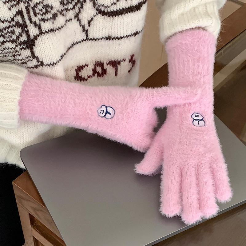 Travel gloves women autumn and winter gentle college wind solid color knitted fingers warm and cold cycling older children spring