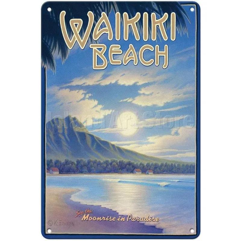 Vintage Hawaii New York Santorini Landscape Travel Tour Poster Retro Metal Aluminum Signs Funny Plaque Home Bar Cafe Wall Decor