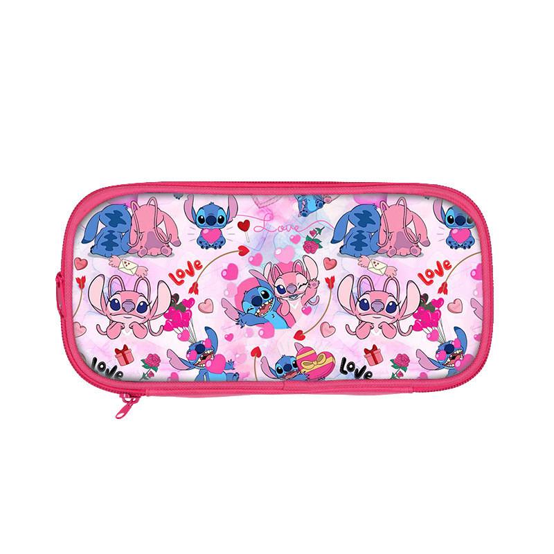 Stitch And Angel Cartoon Print Student Double Layer Stationery Storage Bag For Kids And School Use