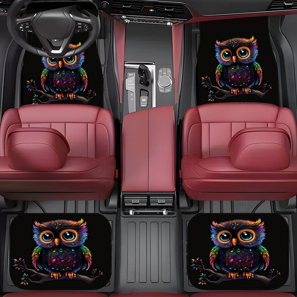 4pcs Set of Owl-Themed Car Floor Mats, Suitable for Protecting All Vehicle Front And Rear Seats, with Anti-Slip Base, Easy-To-Clean Interior Car