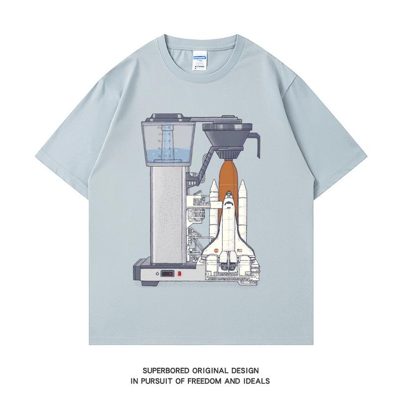 

220GSM Тяжелая футболка из 100% хлопка Футболка с кофеином для луны и принтом Мужская повседневная футболка с круглым вырезом Базовые мужские топы Футболка