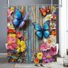 Flowers And Butterflies On Retro Wooden Boards Shower Curtain, Bathroom Shower Curtain, Waterproof Shower Curtain With Hooks