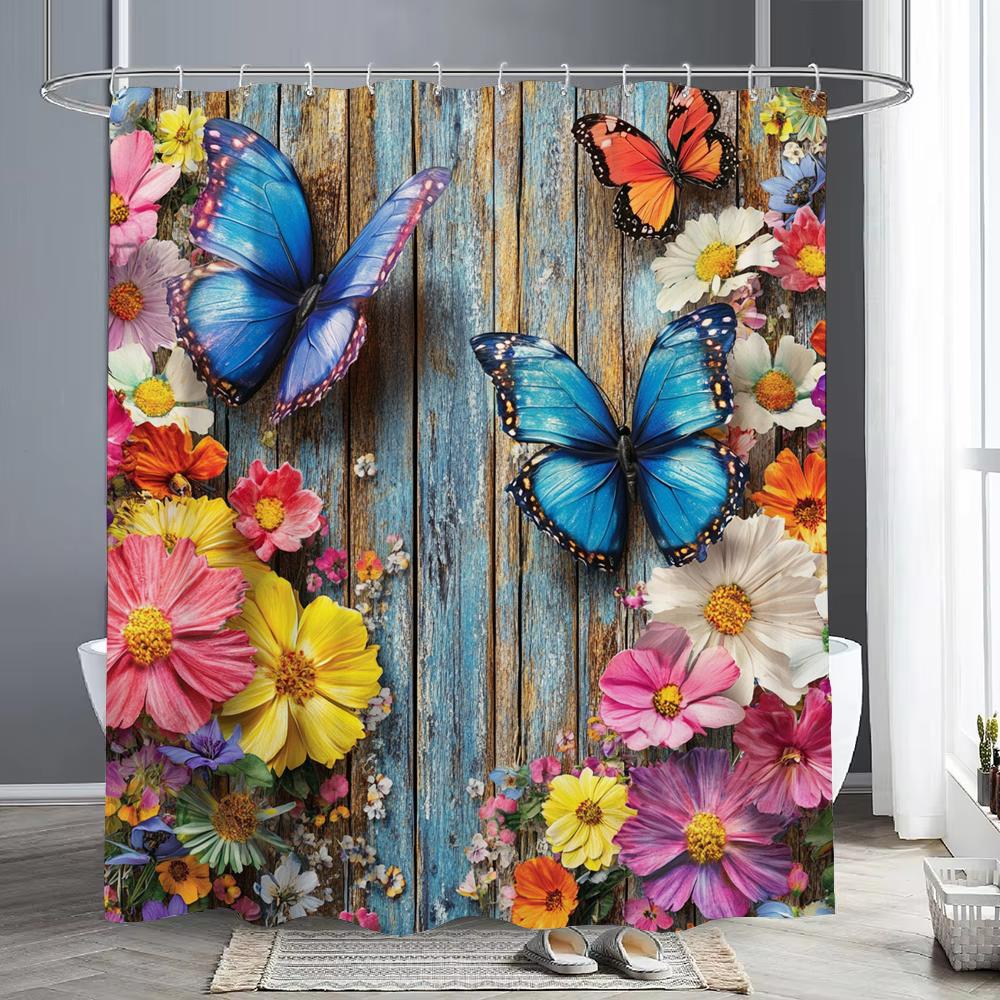 Flowers And Butterflies On Retro Wooden Boards Shower Curtain, Bathroom Shower Curtain, Waterproof Shower Curtain With Hooks