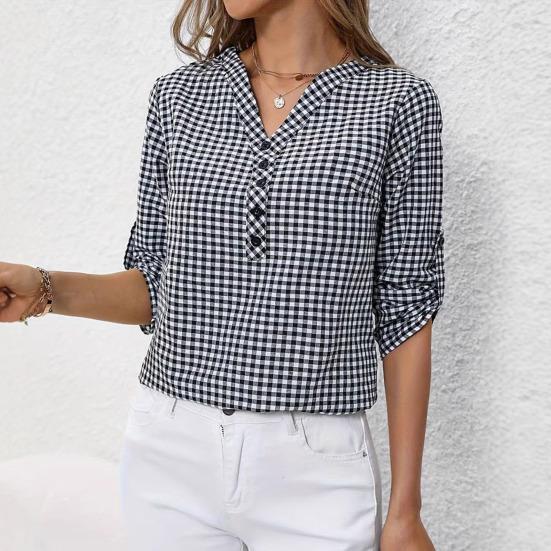 Dámská košile s výstřihem do V, na knoflíky, s polovičním zapínáním, 3/4 rukávy, ležérní topy, volný střih, kostkovaný vzor, dojížděcí styl, letní košilové topy