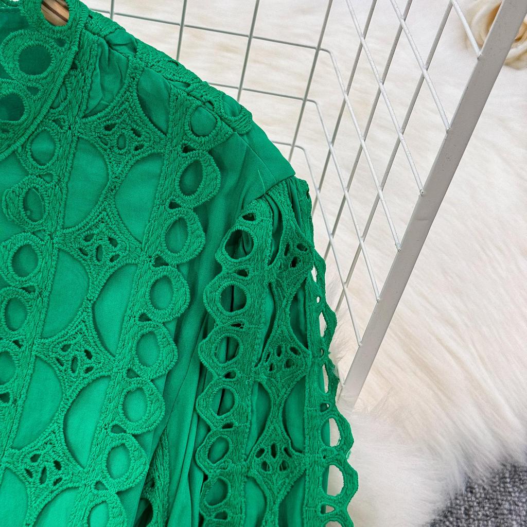 Elegant Crochet Lace Dresses for Women Hollow Out O Neck Lantern Sleeve A Line Belted Vestidos Court Style Dress Dropship