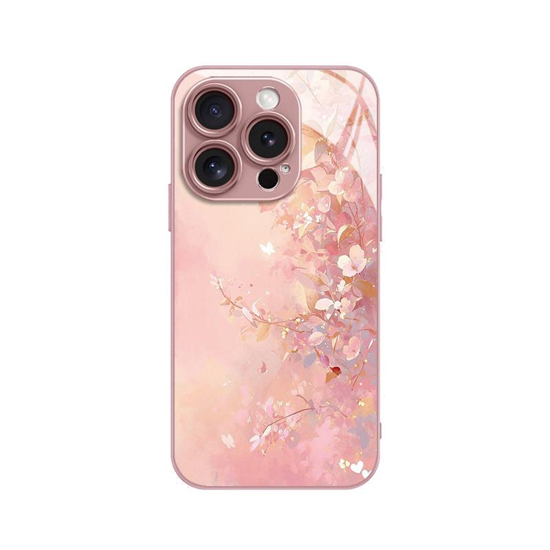 Luxury Flowers Pattern Pink Metallic Paint Glass Hard Phone Case For iPhone 17 16 15 14 13 12 11 Pro Max 15 Plus 17Air 16E Cover
