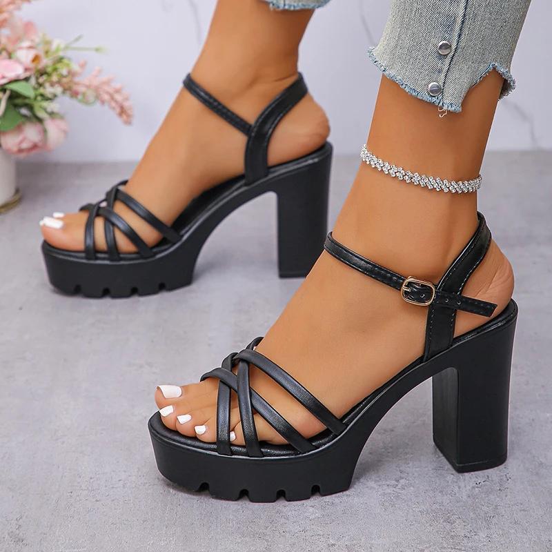 Fashion Women's Ankle Buckle High-Heeled Sandals New Style Cross Strap Platform Sandal Female 2025 Outdoor Thick Heel Sandalias Mujer
